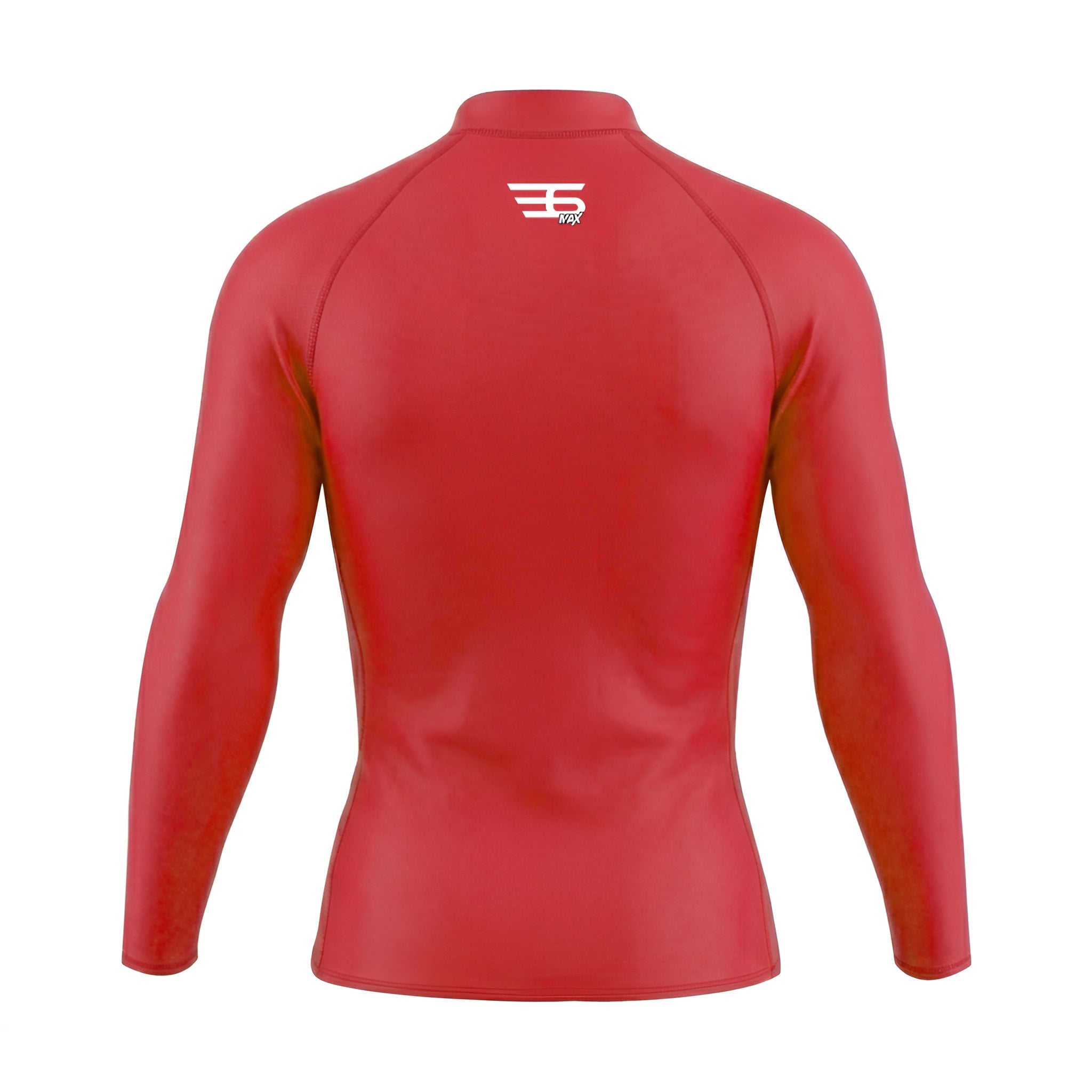 Red long-sleeve athletic shirt with a brand logo on the back against a white background