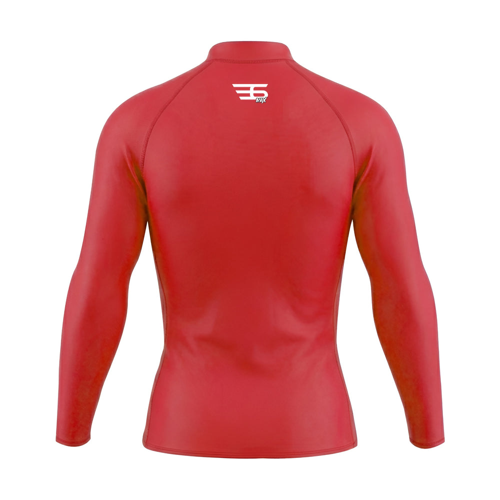Red long-sleeve athletic shirt with a brand logo on the back against a white background